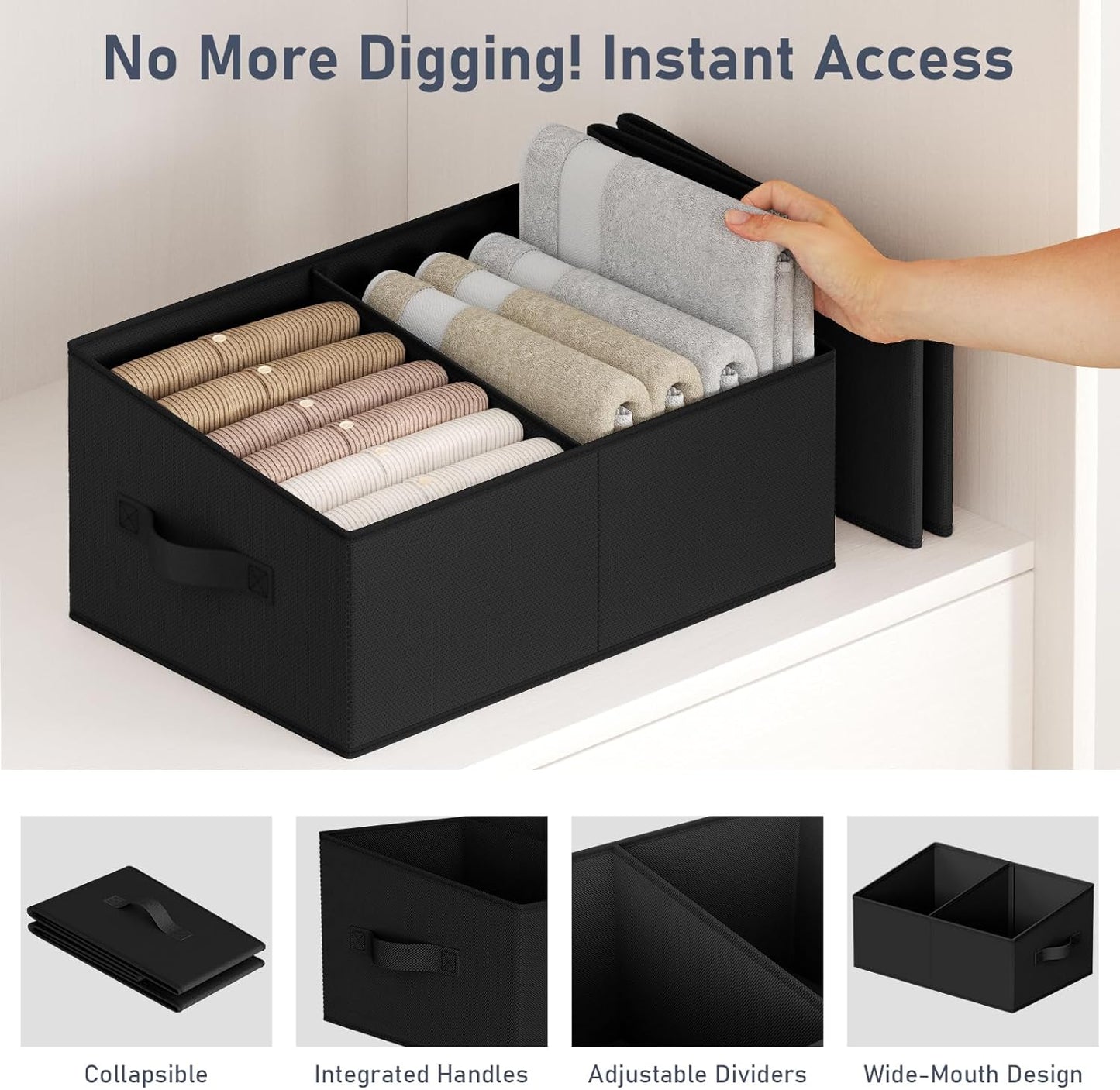 DIMJ Closet Storage Bins, 6 Pack Storage Baskets for Shelves, Foldable Closet Organizer with Handle, Linen Closet Organizers and Storage for Clothes, Toys, Towel, Books (Black)