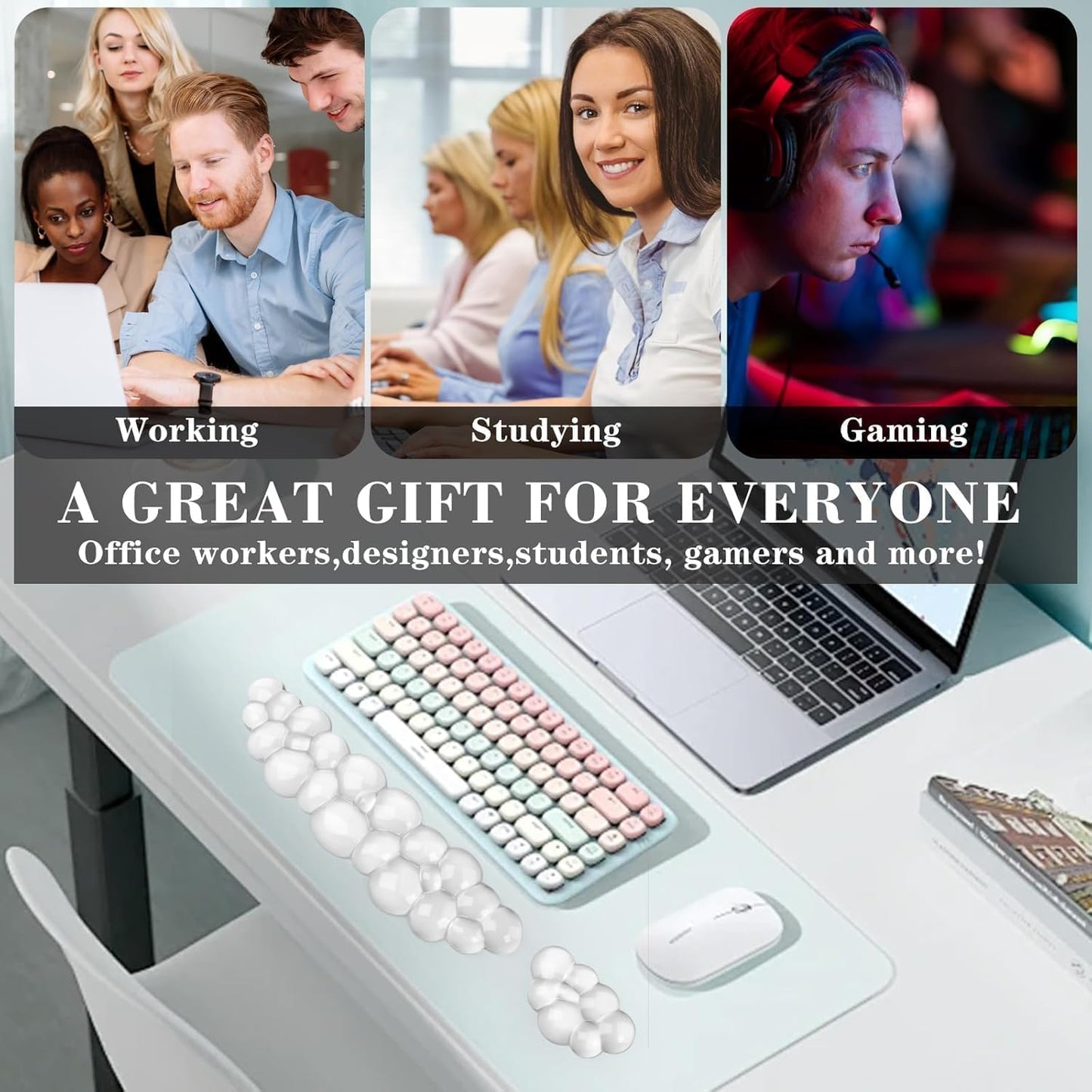 Mouse Pad with Wrist Rest, Soft Cloud Gel Keyboard Mouse Pad Set with Hand Wrist Support, Cute Non Slip Office Desk Accessories for Comfort/Pain Relief/PC Gaming/Computer/Laptop, (Clear Cloud)