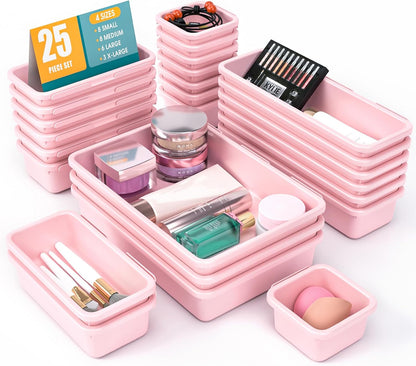 StoreHappily 10 PCS Drawer Organizer Set, 4 Size Makeup Drawer Divider Organizer With Non-Slip Pads, Interlocking Plastic Storage Bins for Office,Jewelry Vanity,Gadgets, Bathroom,Kitchen, Black
