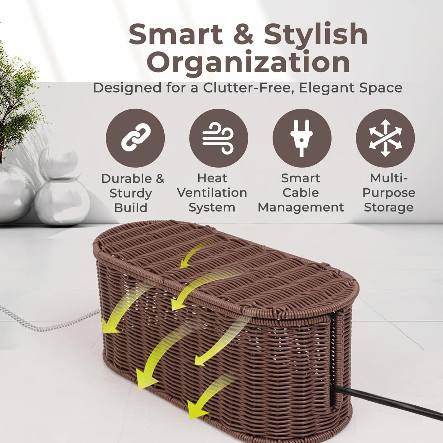 Cable Management Box, Handmade Rattan Cable Organizer with 2 Open Slots, Cord Hider for Power Strip, Router & USB Hub, Registered U.S. Design Patent (D1,112,102), 13" x 5.1" x 5.1", Natural