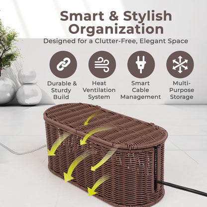 Cable Management Box, Handmade Rattan Cable Organizer with 2 Open Slots, Cord Hider for Power Strip, Router & USB Hub, Registered U.S. Design Patent (D1,112,102), 13" x 5.1" x 5.1", Natural