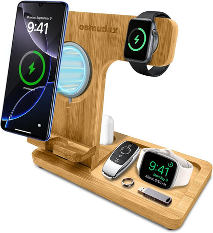 4 in 1 Bamboo Nightstand Organizer, Wood Phone Docking Station, Phone Charger Stand for iPhone 12-18 Series & Android, Desktop Organizer for iWatch & Airpods, Gifts for Men, Dad, Anniversary