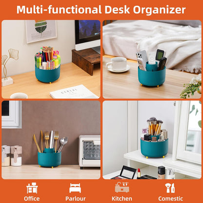 Marbrasse Desk Organizer, 360-Degree Rotating Pen Holder, Desk Organizers and Accessories with 5 Compartments Pencil Holder, Art Supply Storage Box Caddy for Office, Home（White）