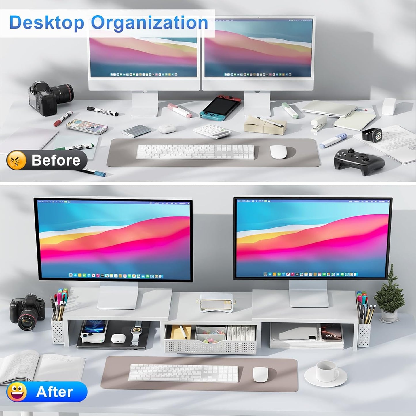 gianotter Dual Monitor Stand Riser, Desk Organizer With Drawer and 2 Pen Holders, Computer Monitor Stand, Shelf for Top of Desk, Black