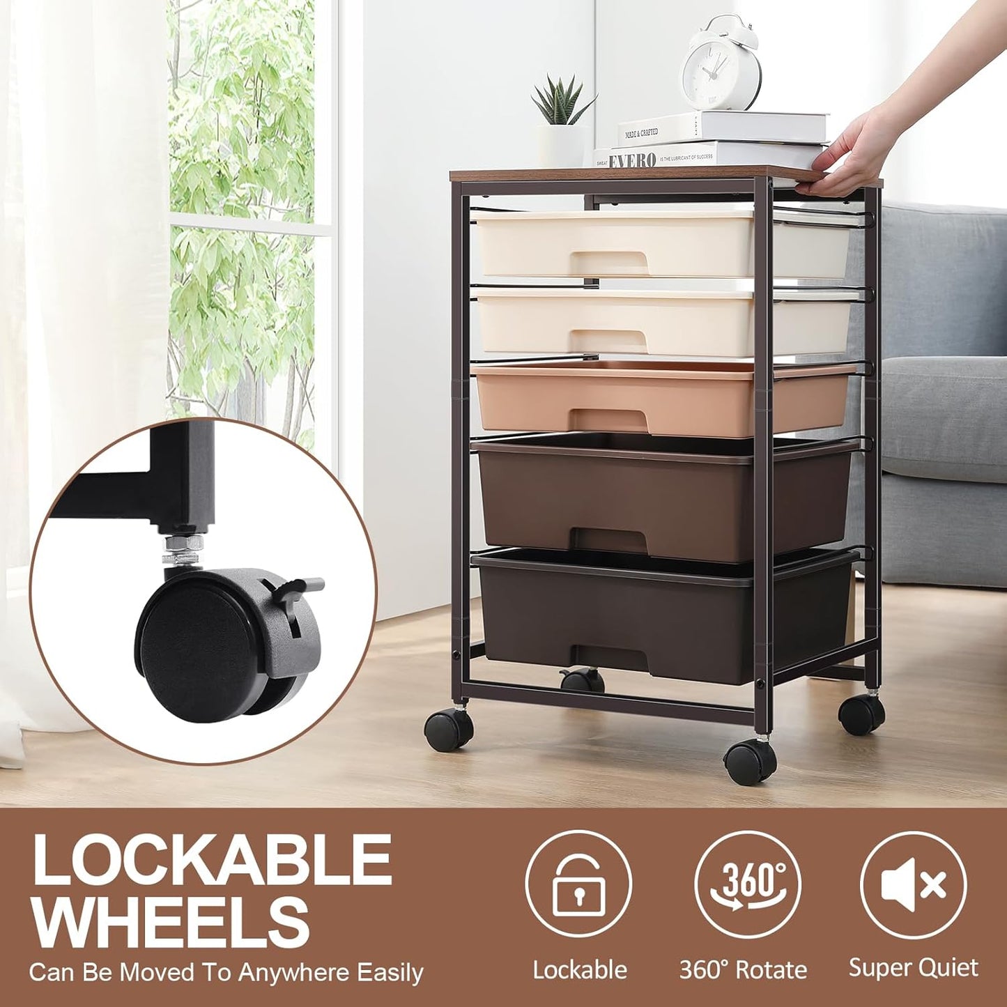 SYKIARIOL Utility Cart with 5 Drawers,Storage Cart with Wooden Tabletop and Lockable Wheels,Craft Storage Trolley Organizer,5-Tier Rolling Utility on Wheels,Light Green