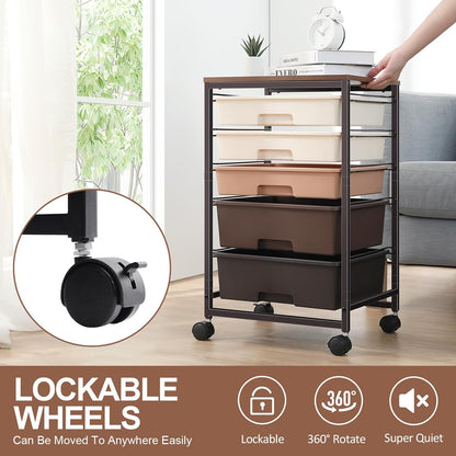 SYKIARIOL Utility Cart with 5 Drawers,Storage Cart with Wooden Tabletop and Lockable Wheels,Craft Storage Trolley Organizer,5-Tier Rolling Utility on Wheels,Light Green