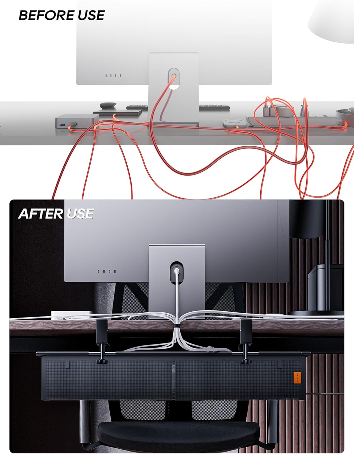 Under Desk Cable Management Tray No Drill, Cable Ties Included, Eco-Friendly Canvas Material, Mesh Design for Heat Dissipation, Cable Organizer/Storage for Standing Desk(27inch, Black)