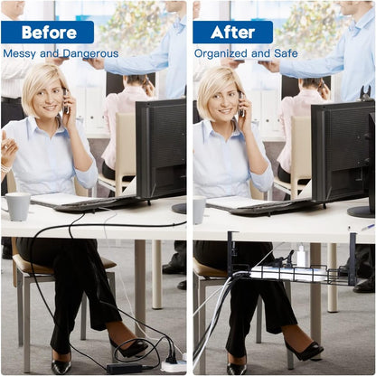 NoDrill 2 Pack 15.7" Under Desk Cable Management Tray, Sturdy Metal Cord Organizer for Office & Home Standing Desk