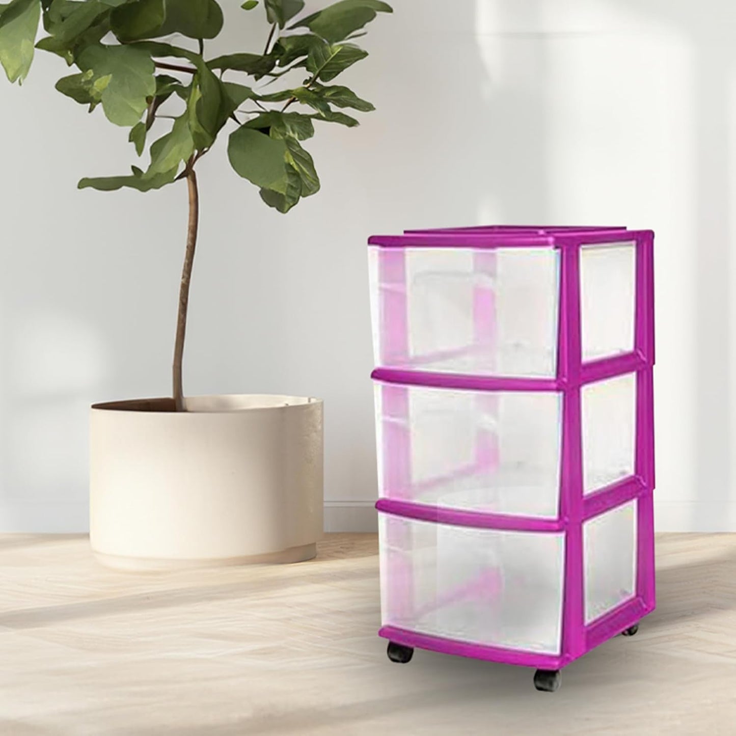 HOMZ Drawer Tower, 3-Tier Rolling Storage Cart with Removable Wheels, White Frame – Plastic Organizer with Clear Bin Drawers for Bedroom, Bathroom, Home Office, and Dorm Room