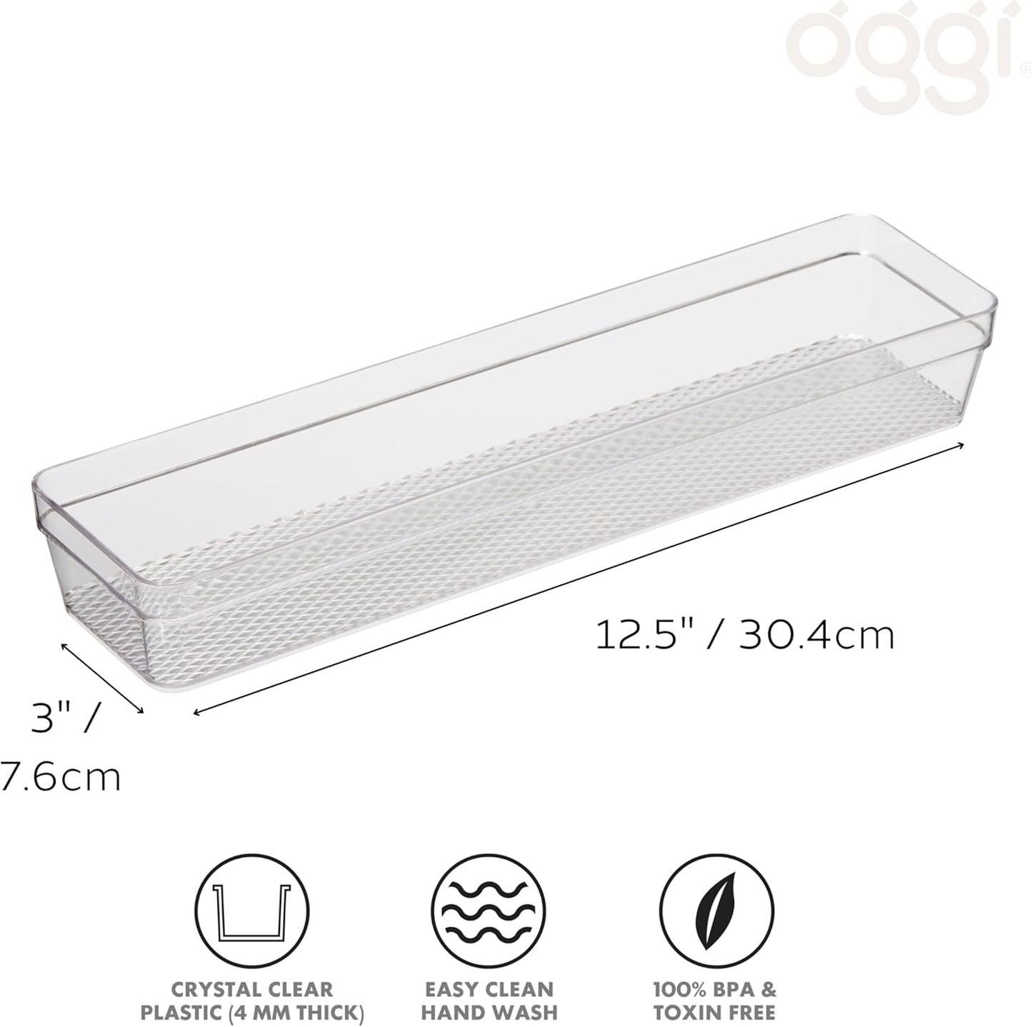 Oggi Set of 5 Clear Drawer Organizers - (1) 3x6.25, (2) 3x9.5, (2) 3x12.5 - Ideal for Organizing Kitchen Drawers, Office, Desk, Silverware, Kitchen Utensils, Cosmetics and Bathrooms