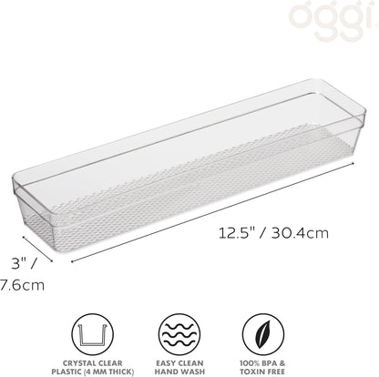 Oggi Set of 5 Clear Drawer Organizers - (1) 3x6.25, (2) 3x9.5, (2) 3x12.5 - Ideal for Organizing Kitchen Drawers, Office, Desk, Silverware, Kitchen Utensils, Cosmetics and Bathrooms