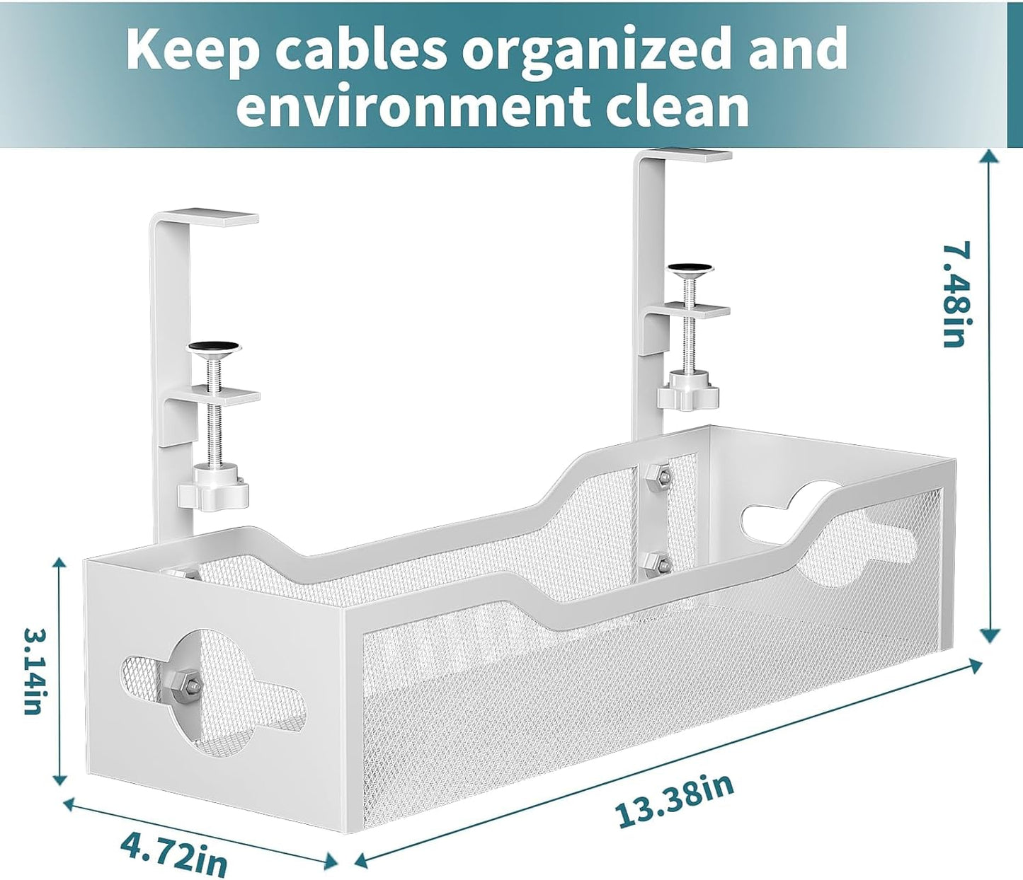 Under Desk Cable Management Tray No Drill, Metal Mesh Cable Management Under Desk with Clamp Mount, 2 Hole Cable Tray with Wire Management and Cord Organizer for Home Office Standing Desk
