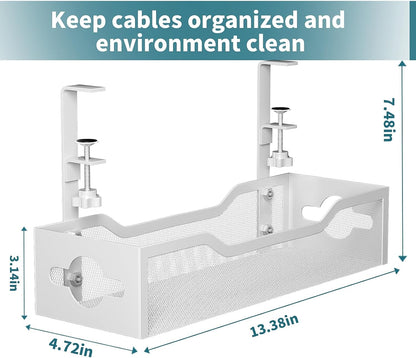 Under Desk Cable Management Tray No Drill, Metal Mesh Cable Management Under Desk with Clamp Mount, 2 Hole Cable Tray with Wire Management and Cord Organizer for Home Office Standing Desk