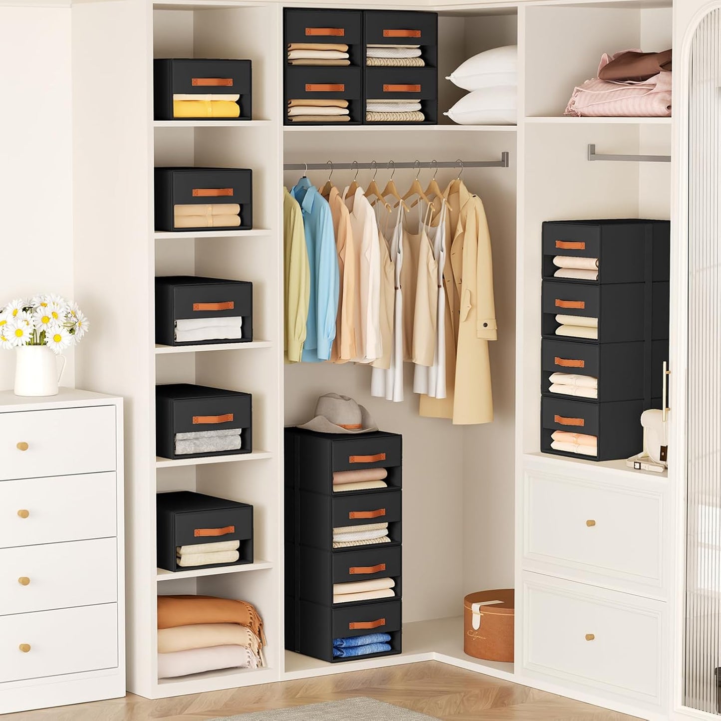 DIMJ Closet Organizers and Storage - Fabric Bins with Drawers for Closet Foldable Clothes Organizers with Clear Window, Stackable Storage Drawers Units for Bedroom, Living Room, 4-Pack, Grey