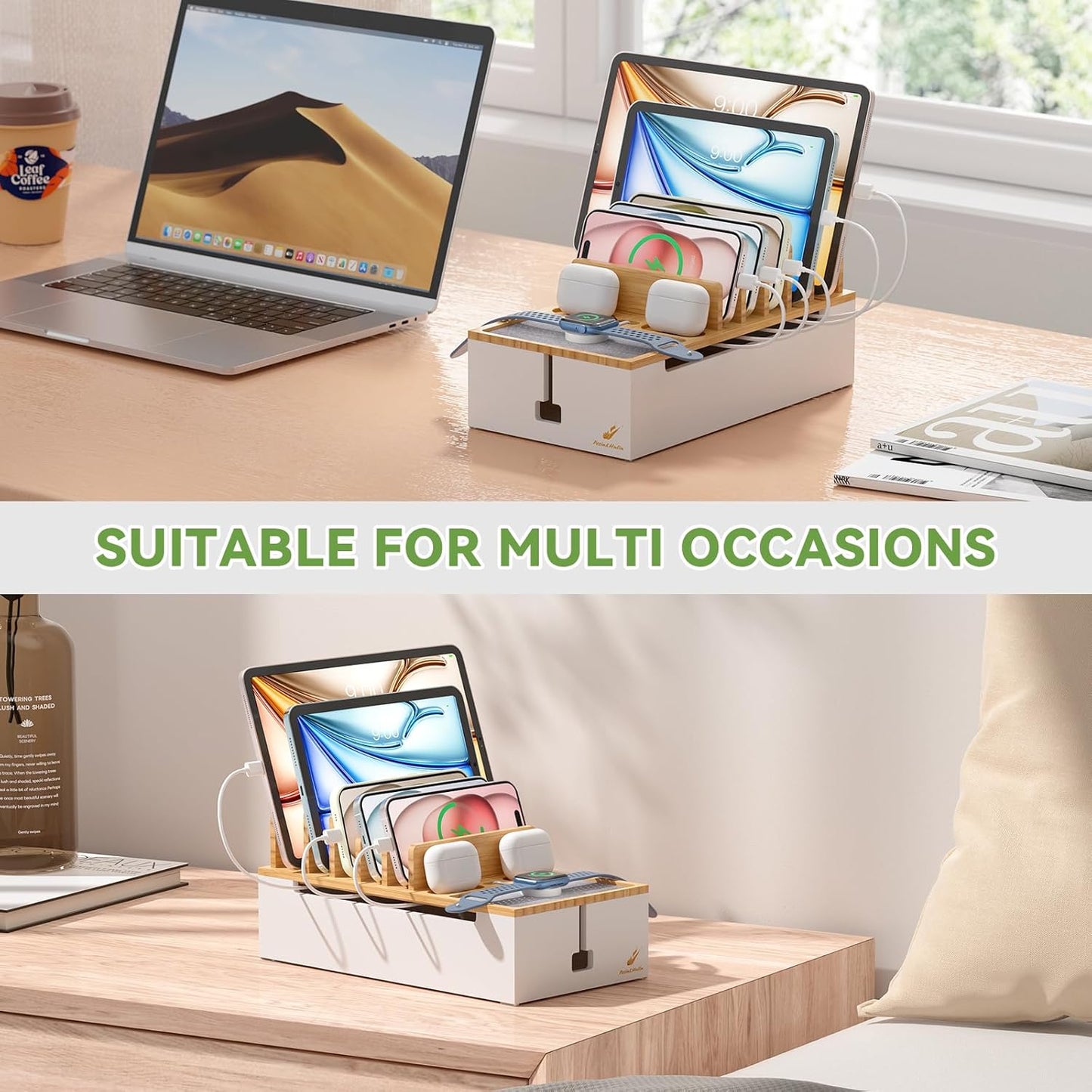 Pezin & Hulin Multi Charger Station Organizer Rack, Bamboo Cable Management Box, Power Strips and Cord Hider, Nightstand Device Organizer (Include 6 Cables)(No Power Charging Supply) -White