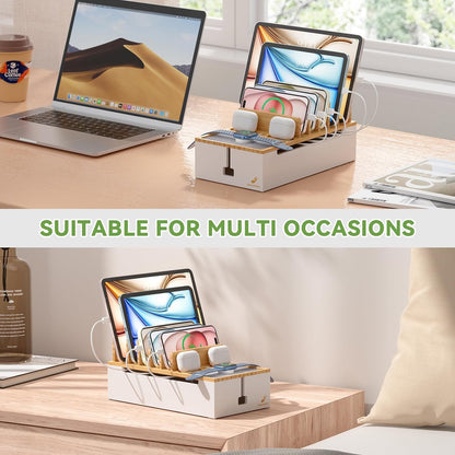 Pezin & Hulin Multi Charger Station Organizer Rack, Bamboo Cable Management Box, Power Strips and Cord Hider, Nightstand Device Organizer (Include 6 Cables)(No Power Charging Supply) -White