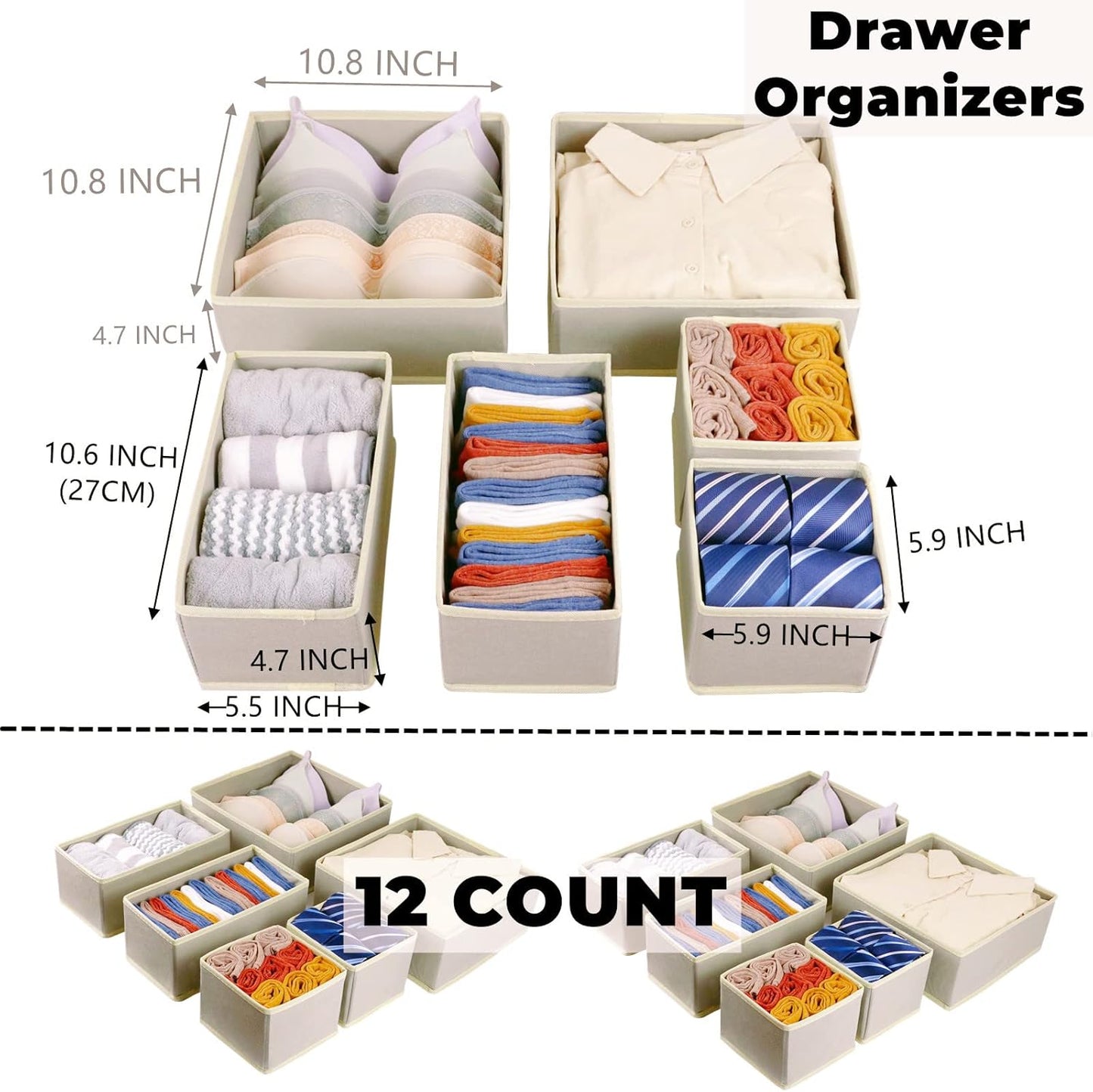 Fordonral 12 Pack Drawer Organizer Clothes, Foldable Fabric Dresser Organizer Closet Organizers and Storage Box for Underwear,Folded Clothes,Baby Clothing,Socks,Bra,Towels,Ties(12 Pack,Gray)