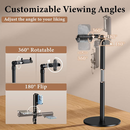 Height/Angle Adjustable Phone Holder, 10"-25" Retractable Tall Phone Stand for Desk,720°Rotatable+180flip Phone Holder Stand for Video Calls Kitchen Table Office Etc -Clip Type