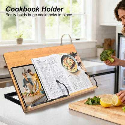 wishacc Bamboo Book Stand, Adjustable Book Holder Tray and Page Paper Clips-Cookbook Reading Desk Portable Stable Hard-Wearing Lightweight Bookstand-Textbooks Books