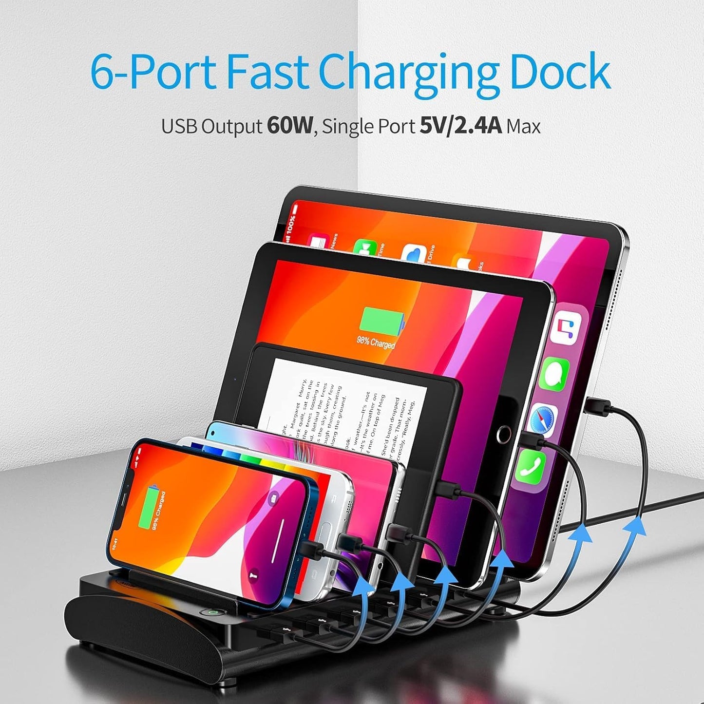 Charging Station for Multiple Devices, Bototek 60W 6 Ports Multi Charger Station for iPhone, iPad, Cell Phone, Tablets, and Other Electronics (6 Ports-Black)