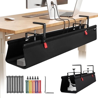 Under Desk Cable Management Tray with Clamp, No Drill 36" Cord Organizer for Desk, Desk Cable Management Fabric Tray for Standing Desks, Ideal for Home & Office - White