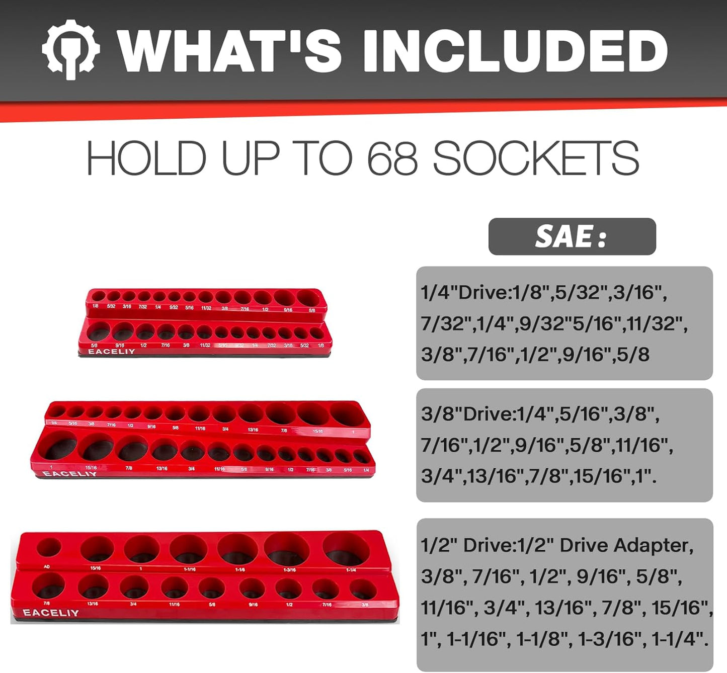 EACELIY 6-Piece Magnetic Socket Organizer Set, 1/2", 1/4" and 3/8" SAE & Metric Deep & Shallow Socket Holder Kit, holds 141 stanard Sockets, attaches to steel box/tool cart (sockets not included)