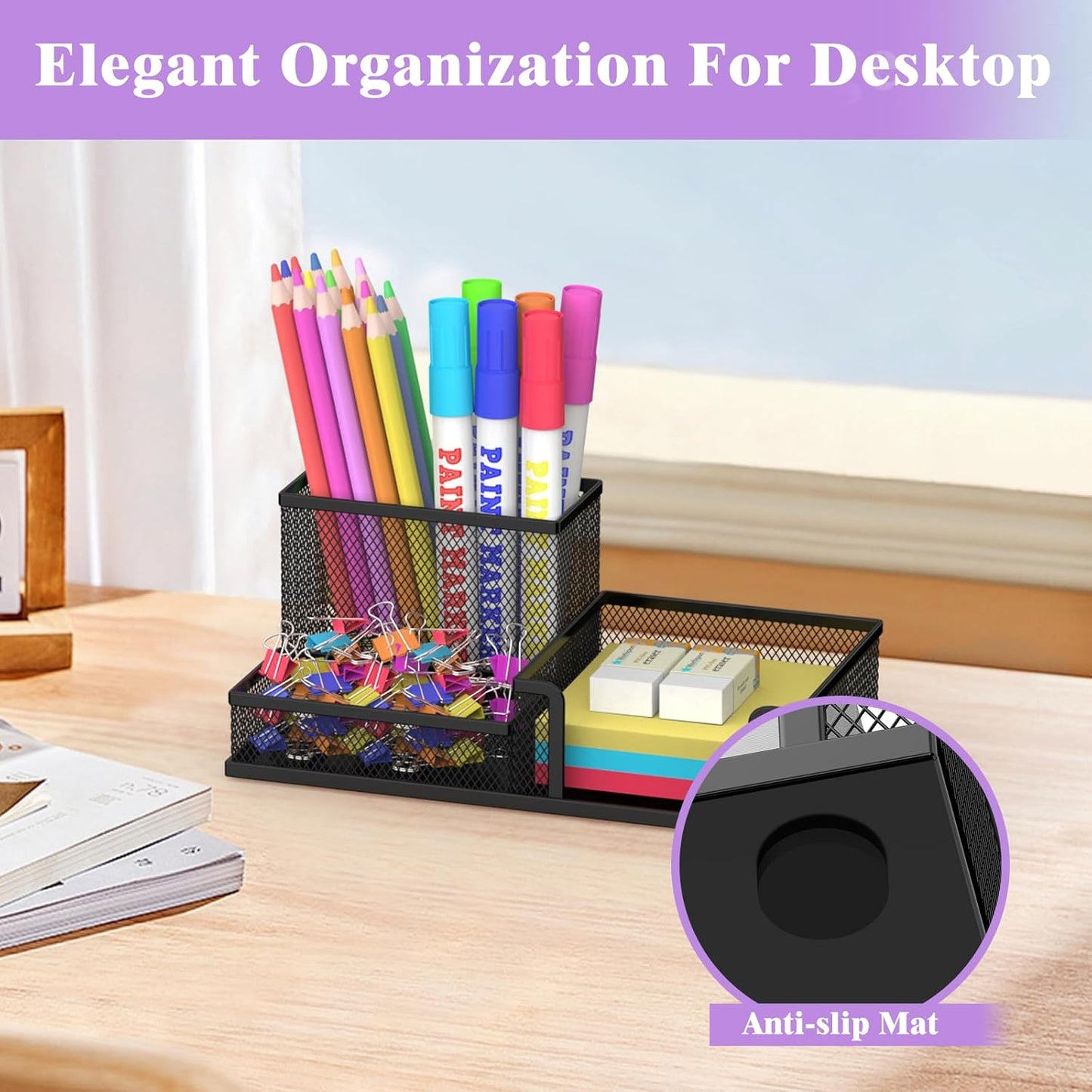 SUPEASY Pen Holder Desk Organizer, Office Supplies Pencil Holder with 3 Compartments, Desk Accessories and Workspace Organizers for Home School Classroom, Black