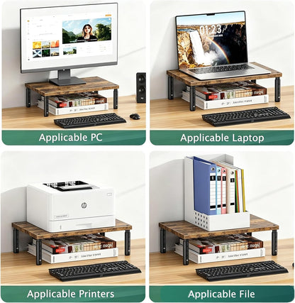 OPNICE Desk Organizers and Accessories, Adjustable Computer Monitor Stand Riser, Laptop Stand for Desk, Office Desk Accessories & Workspace Organizers for Home Office, Black Wood