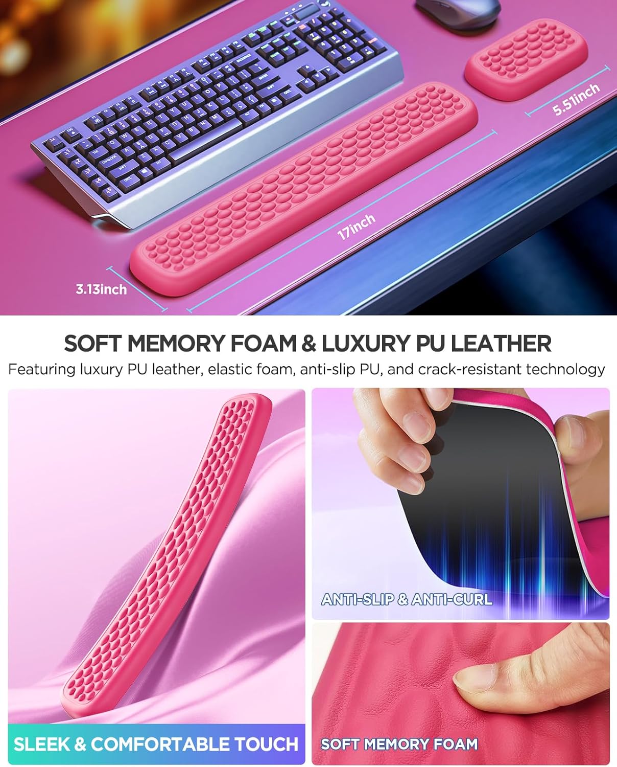 Lekvey Ergonomic Keyboard Wrist Rest - Memory Foam with Massage Points & Waterproof PU Leather Wrist Pad, Carpal Tunnel Support for Office Computer/Gaming, Typing Pain Relief, Easy-Clean（Rose Pink）