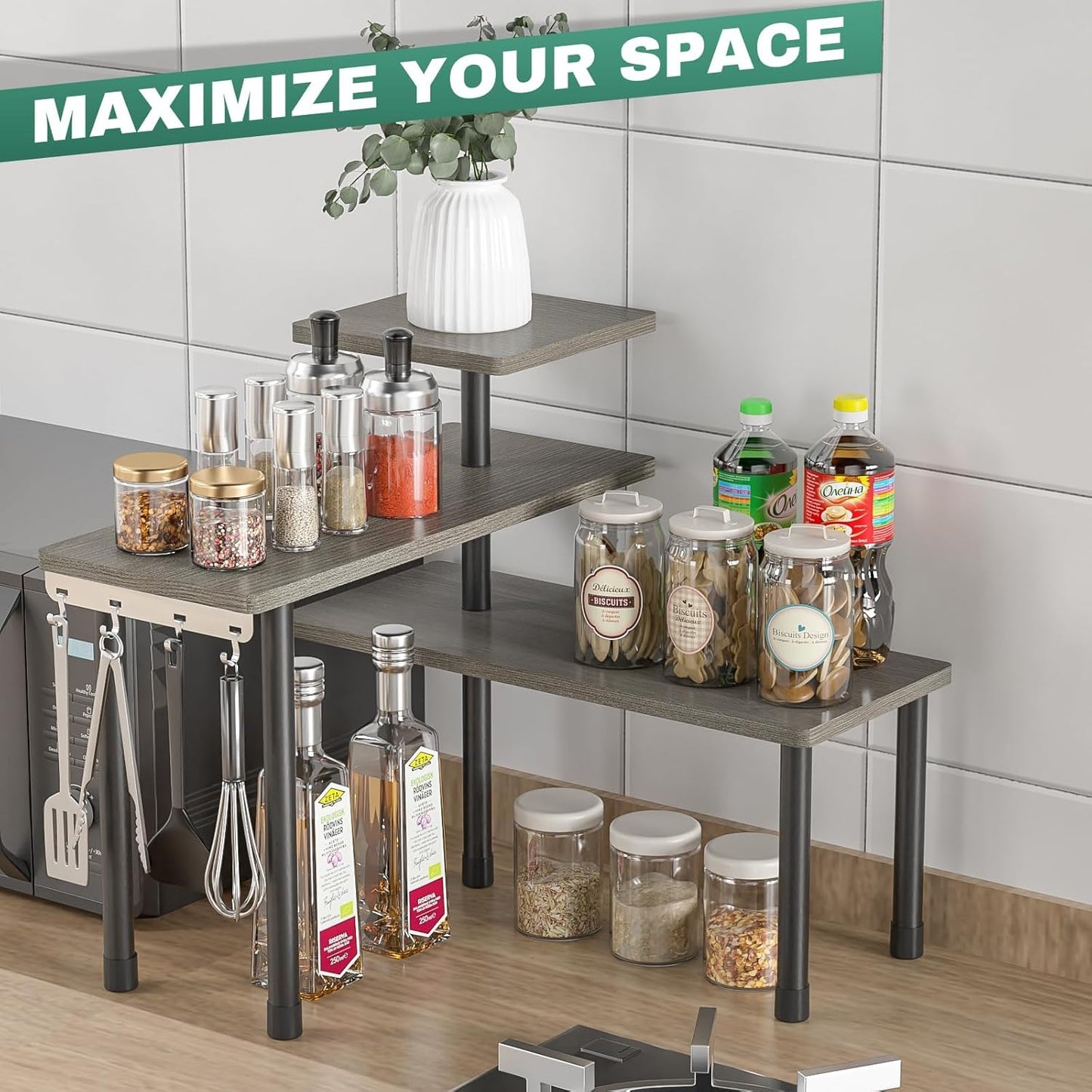 ZHWS Kitchen Countertop Organizer Spice Rack for Salt, Bathroom Counter Organizer Over Sink for Makeup, Skincare, Adjustable 3-Tier Corner Counter Shelf with 4 Hooks for Coffee Bar Dresser Table
