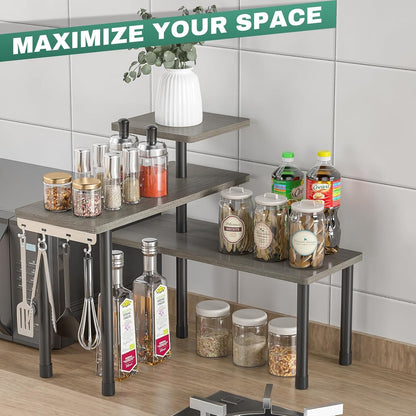 ZHWS Kitchen Countertop Organizer Spice Rack for Salt, Bathroom Counter Organizer Over Sink for Makeup, Skincare, Adjustable 3-Tier Corner Counter Shelf with 4 Hooks for Coffee Bar Dresser Table