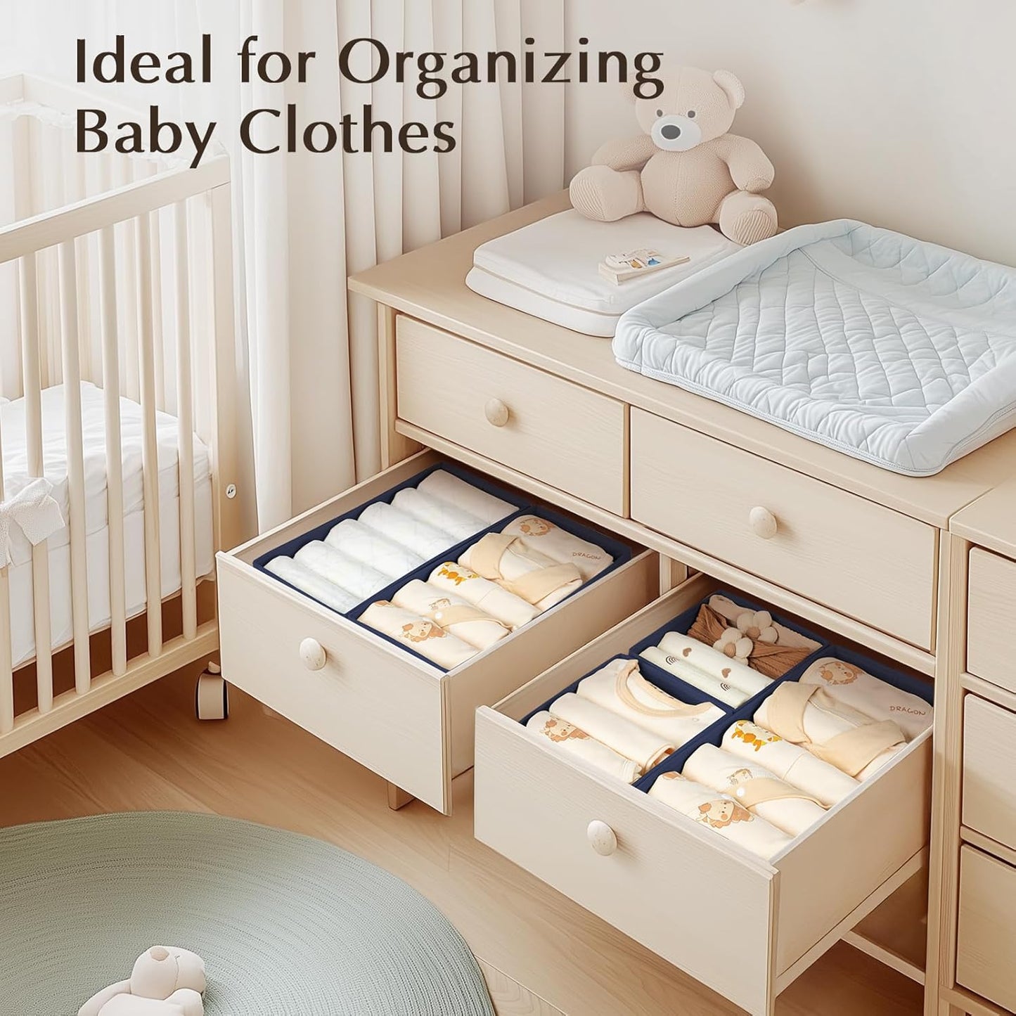 DIMJ Drawer Organizers Clothes, Dresser Organizer Bins for Baby Clothes,Underwear and Sock, Fabric Closet Organization and Storage Boxs, Drawer Dividers for Nursery, Clothing, Tie - 4 Pack, Beige