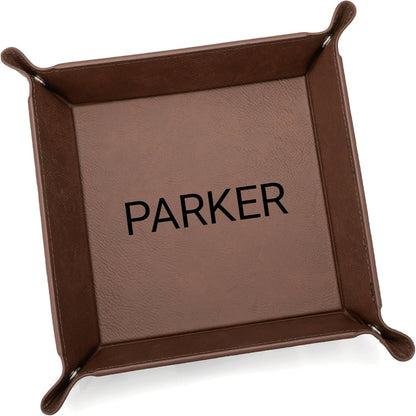 Lifetime Creations Monogrammed Valet Tray for Men (Brown) - Personalized Vegan Leather Catch All, Nightstand Desktop Desk Organizer for Coins, Keys, Watch
