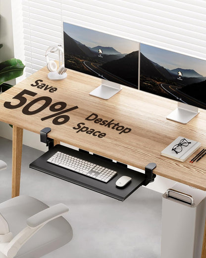 HUANUO Keyboard Tray Under Desk, Keyboard Holder with C-Clamp Hardware, 26.5″ W x 11.8″ D Slide Out Computer Keyboard & Mouse Tray for Home Office, Black, HNKB12B, Large