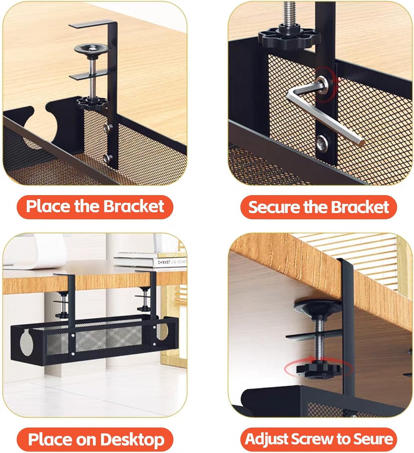 Under Desk Cable Management Tray – No Drill Metal Mesh Cord Organizer for Home Office & Standing, Adjustable Wire Organizer, Space-Saving Desk Tray (Black)