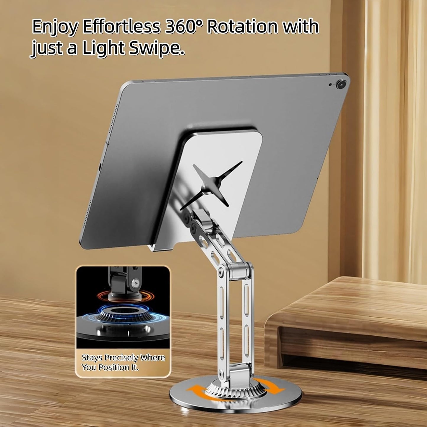 All-Metal Cell Phone Stand 360° Rotatable & Height Adjustable - 25KG Super Load-Bearing, Foldable Desk Stand for Phone, Compatible with iPhone 17/16/15/14, Nintendo Switch, Silver