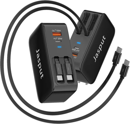 4 in 1 Retractable Wall Charger with Dual Cables,40W Retractable Phone Charger Wall Plug with Dual USB Ports,20W USB C Chargers Block Fast Charging for iPhone 17 16 15 14 13,LG, Galaxy S24 23,Pixel