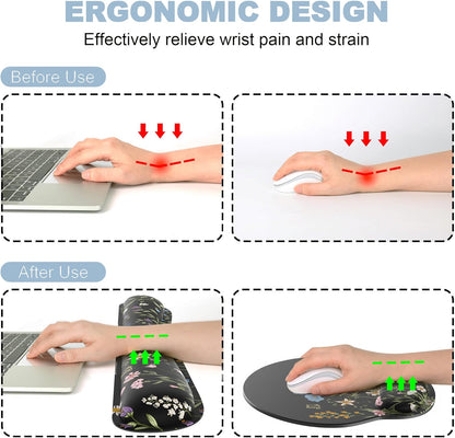 Ergonomic Mouse Pad with Wrist Rest and Keyboard Wrist Rest, Memory Foam Wrist Rest for Computer Keyboard, Easy Typing, Pain Relief, Mouse Pad Wrist Support for Gaming,Office, Laptop, Black Flower