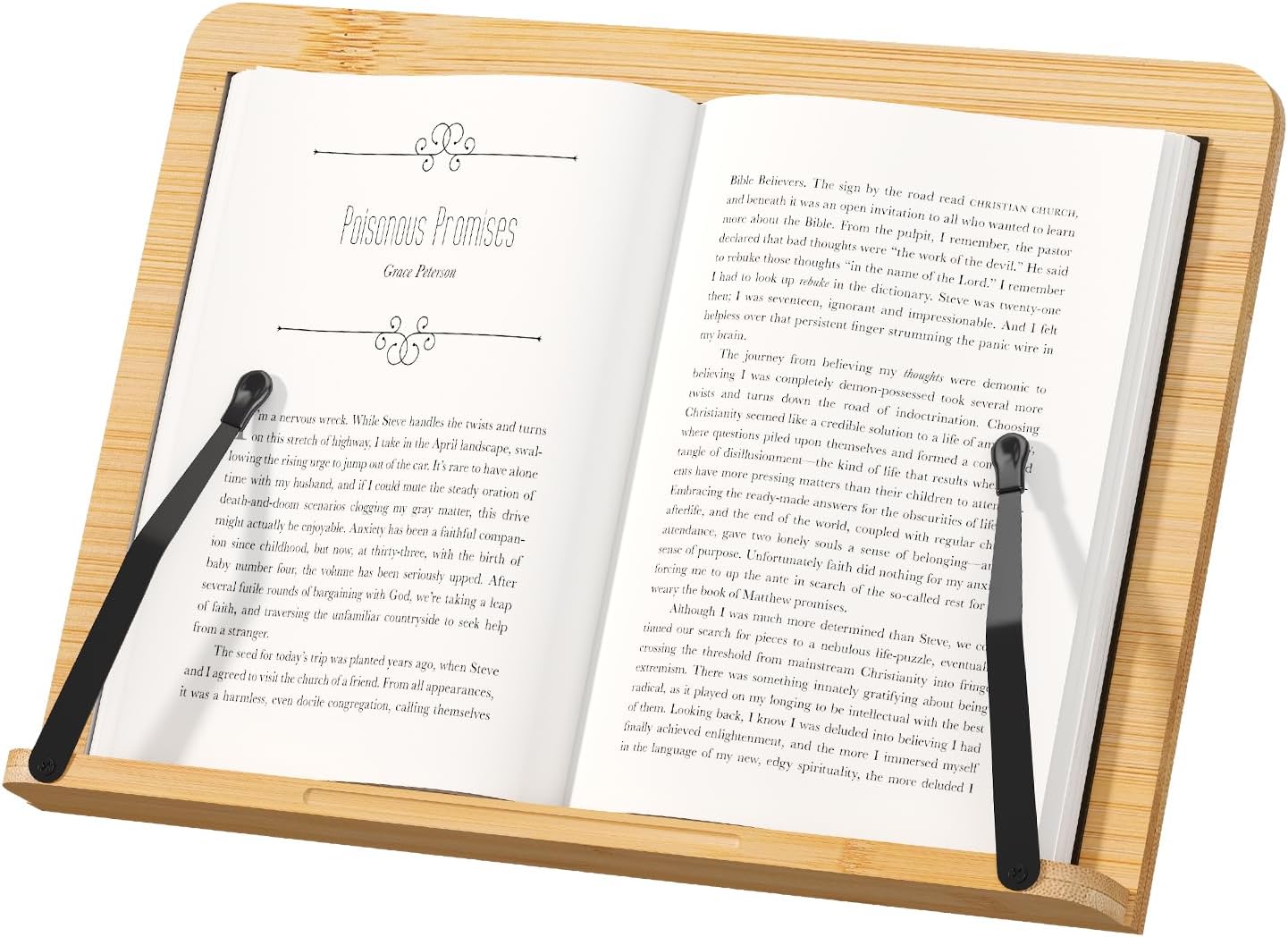 Bamboo Book Stand, Adjustable Reading Holder with Page Clips, Portable Lightweight Desk Stand for Textbooks, Cookbooks (Small)