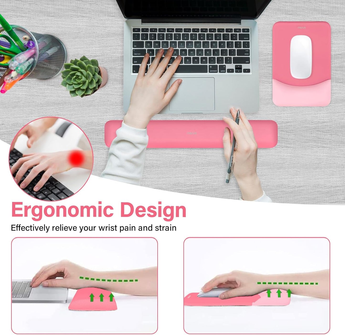 MOSISO Wrist Rest Support for Mouse Pad&Keyboard Set, Rectangular Ergonomic Mousepad Non-Slip Base Home/Office Pain Relief&Easy Typing Pad with Neoprene Cloth&Raised Silicone Lining, Green