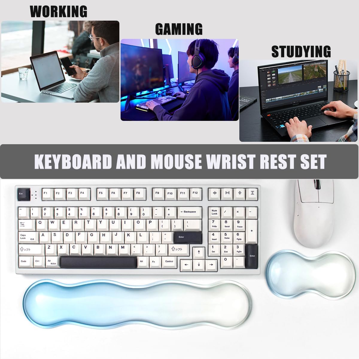 Ergonomic Gel Keyboard and Mouse Wrist Rest Set – Clear Wrist Rest for Computer Keyboard 60%/68%/75%, Comfort & Support for Typing and Gaming (Grey Purple)