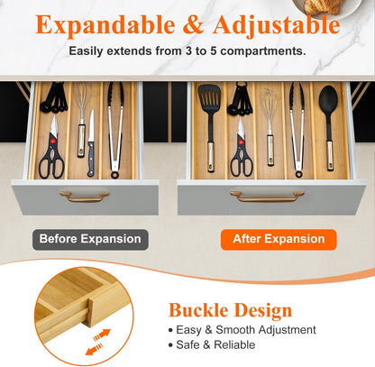 Large Bamboo Silverware Drawer Organizer Tray Kitchen Tool Drawer Divider Organizers Storage Expandable Cooking Utensil Organizer Wooden Cutlery Tray Spoon Flatware Organizers Utensil Holder Drawers