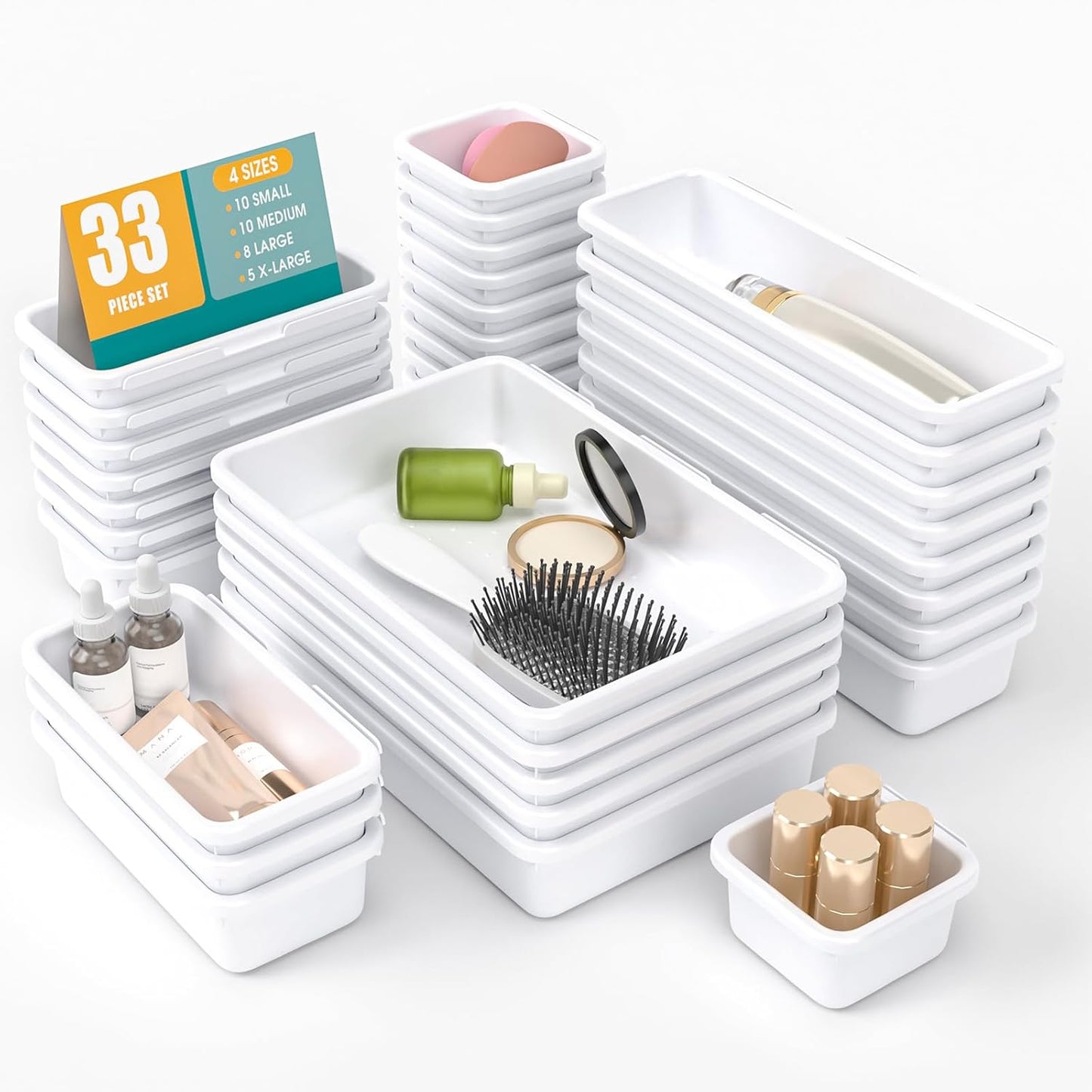 StoreHappily 10 PCS Drawer Organizer Set, 4 Size Makeup Drawer Divider Organizer With Non-Slip Pads, Interlocking Plastic Storage Bins for Office,Jewelry Vanity,Gadgets, Bathroom,Kitchen, Black