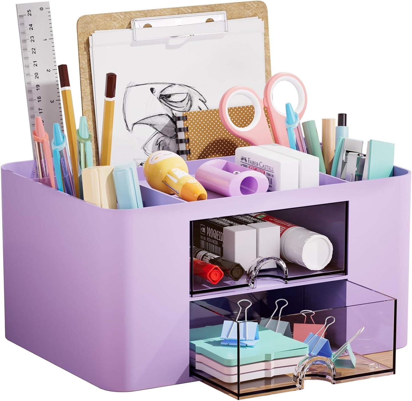 Marbrasse Pen Organizer with 2 Drawer, Multi-Functional Pencil Holder for Desk, Desk Organizers and Accessories with 5 Compartments + Drawer for Office Art Supplies (White)