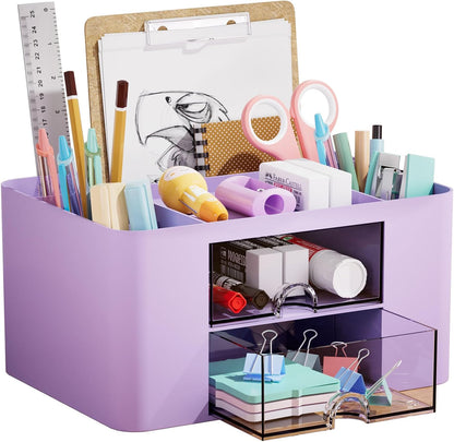 Marbrasse Pen Organizer with 2 Drawer, Multi-Functional Pencil Holder for Desk, Desk Organizers and Accessories with 5 Compartments + Drawer for Office Art Supplies (White)