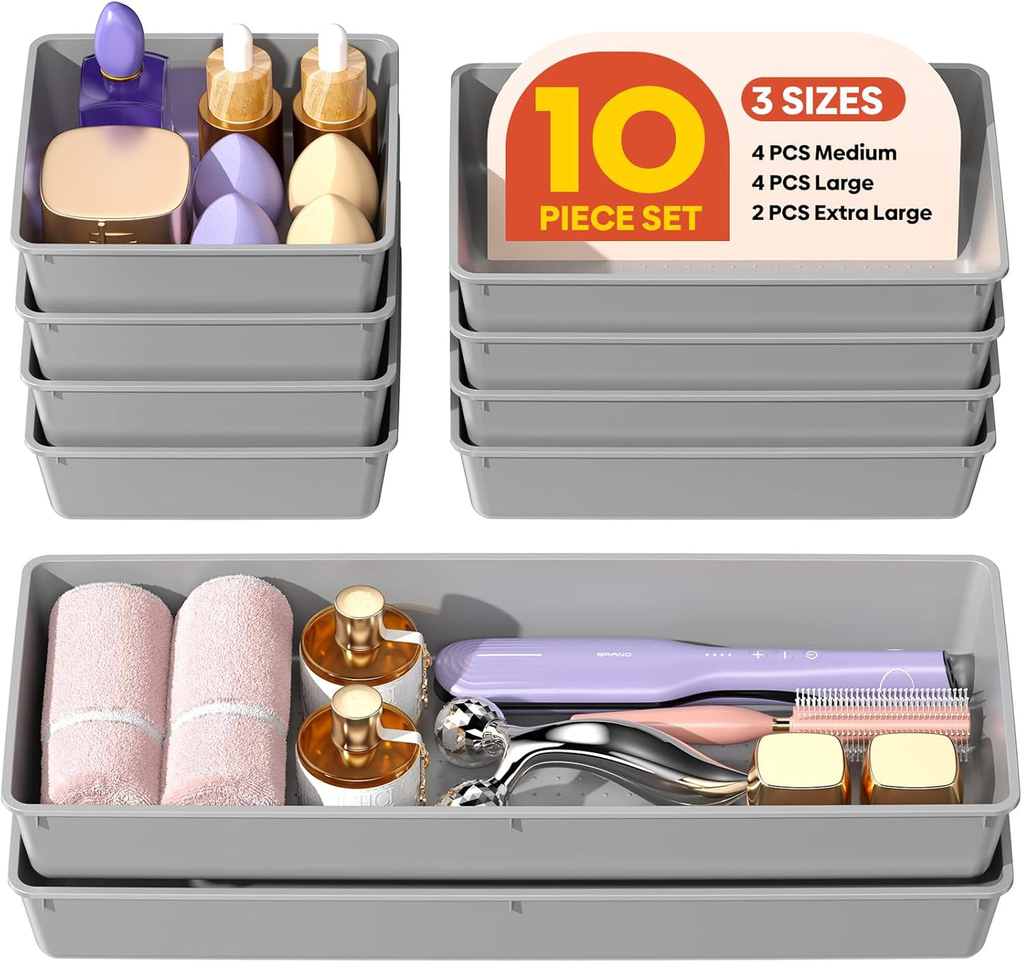 10 Pack Large Size Plastic Drawer Organizers Set, 3 Sizes Desk Drawer Organizer Trays, Storage Bins for Vanity, Makeup, Bathroom, Kitchen Utensils and Office (Black)