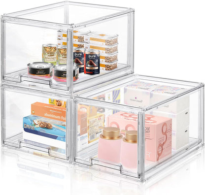 DILIBRA 2 Packs Large Stackable Storage Drawers, Plastic Clear Bathroom Make up Under Sink Drawer Organizers, Acrylic Bathroom Storage Bins for Cabinet Closet Office Kitchen Pantry Snacks Organization