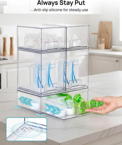 Vtopmart Stackable Storage Drawers Set of 4, Clear Plastic Organizer Bins for Bathroom Supplies,Ideal for Cabinet,Pantry,Laundry Room Organization