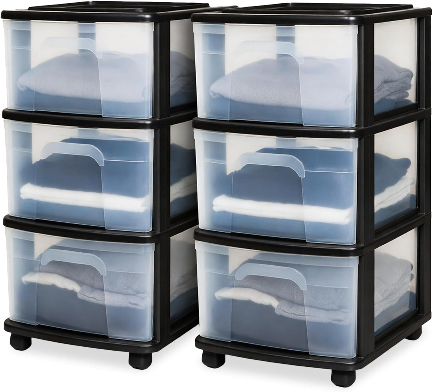 HOMZ Drawer Tower, 3-Tier Rolling Storage Cart with Removable Wheels, White Frame – Plastic Organizer with Clear Bin Drawers for Bedroom, Bathroom, Home Office, and Dorm Room