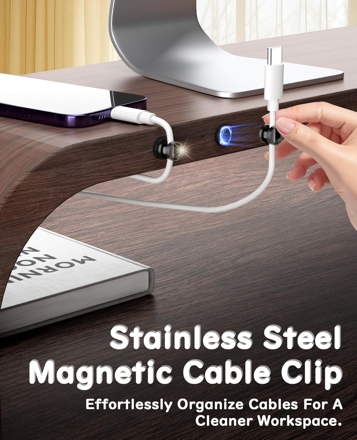 Maveek Metal Magnetic Cord Holder, Magnet Cable Clips Stainless Steel Adjustable Cord Organizers for Desk Nightstand Car Office Charging Wires USB C Laptop Earphone Audio Cords (4 Pack)